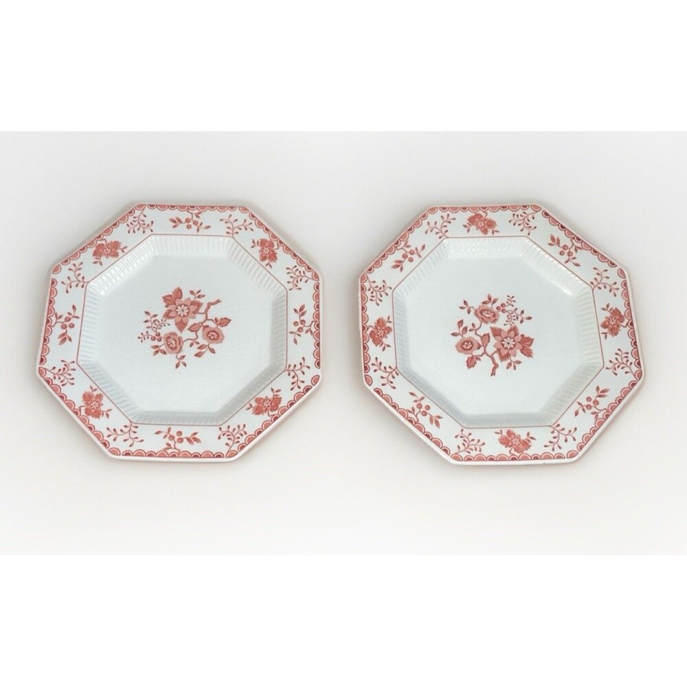 Vintage Pair Independence Ironstone Mary Jane Pink Floral 8in Octagon Plates